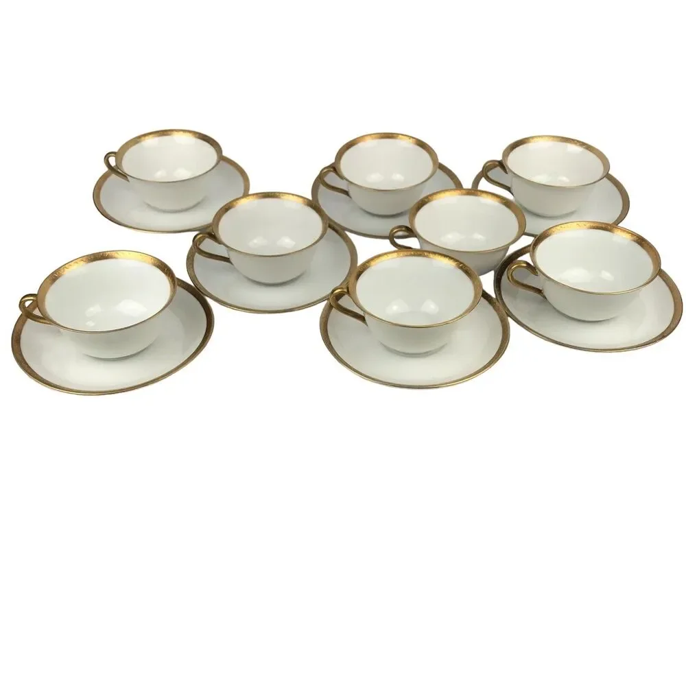O&EG Royal Austria Teacup & Saucer Set 8 Cups 7 Saucers White Gold Trim Vintage